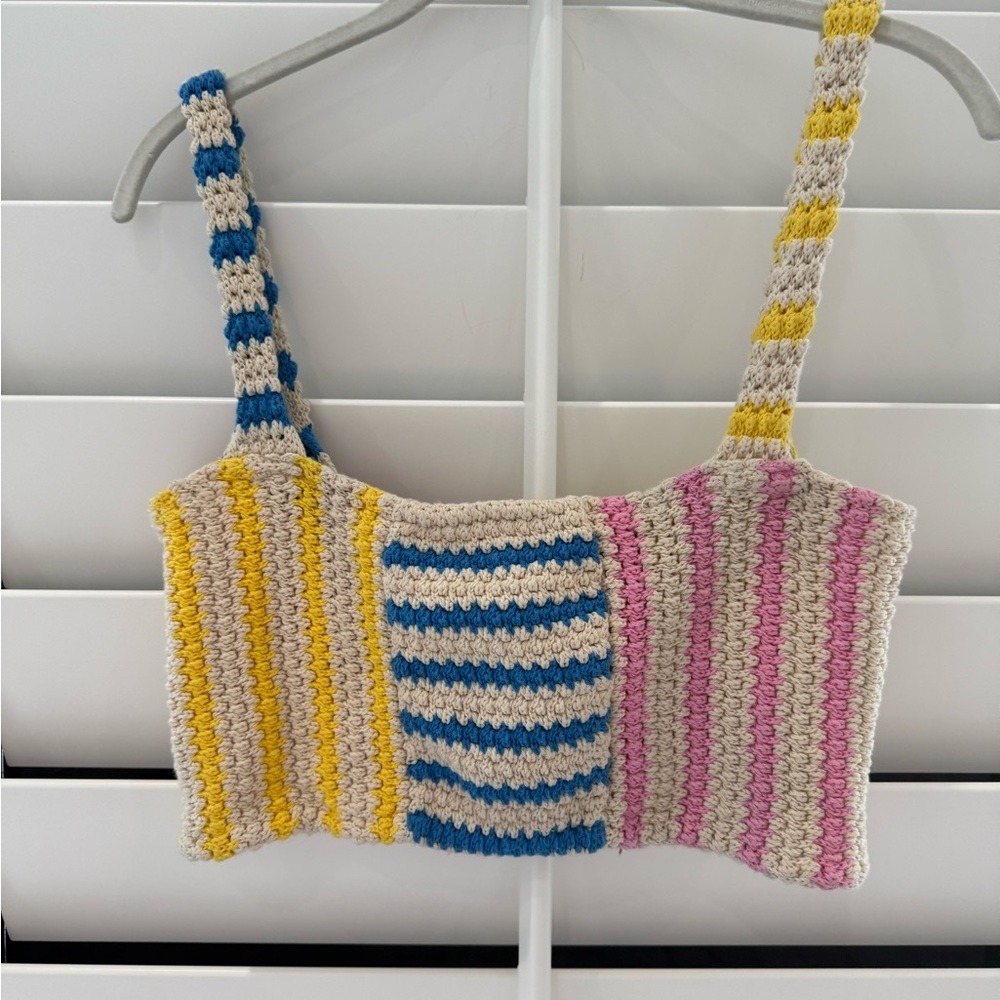Zara Womens Striped Crochet Knit Crop Top Multi Color Cotton Boho Size M